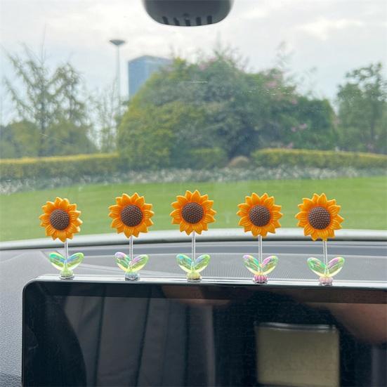 2/5Pcs Shaking Head Sunflower Car Decoration Adhesive Auto Dashboard Center Console Yellow Flower Ornament Doll