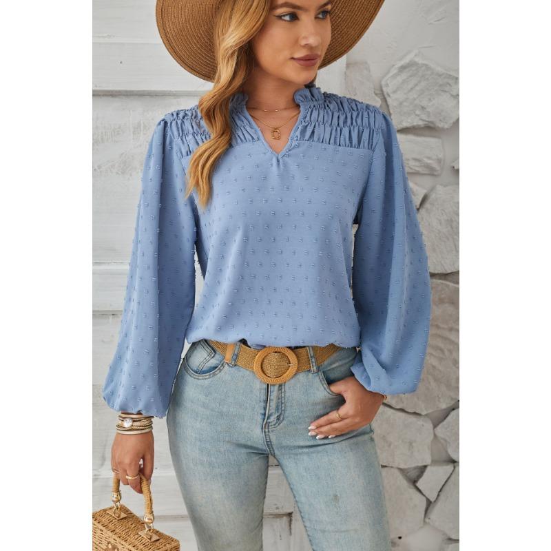 Весенне-осенняя женская плиссированная жаккардовая рубашка с длинным рукавом с v-образным вырезом