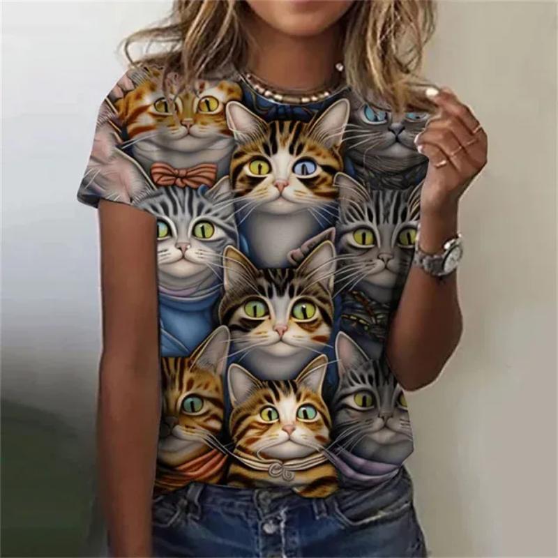 Модная женская футболка с 3D принтом Kawaii Cat Pattern, топ с короткими рукавами и круглым вырезом, летняя уличная повседневная уличная простая одежда