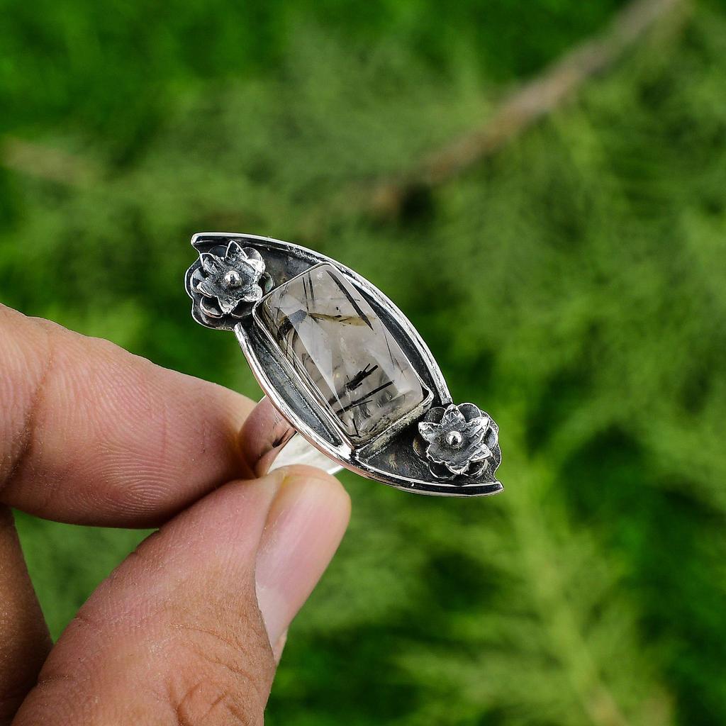 Natural Black Rutilated Quartz Flower Stackable Ring Jewelry 925 Sterling Silver