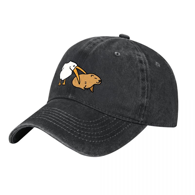 Washed Cotton Baseball Cap with Humorous Pelican and Beaver Design Unisex Adjustable Hat for Outdoor Activities and Casual Wear