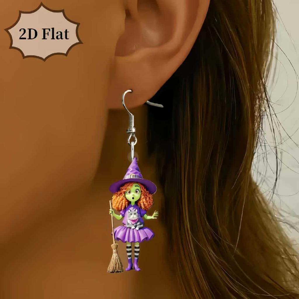 Cross-border new Halloween witch broom earrings flat acrylic creative personality cartoon witch witch earrings