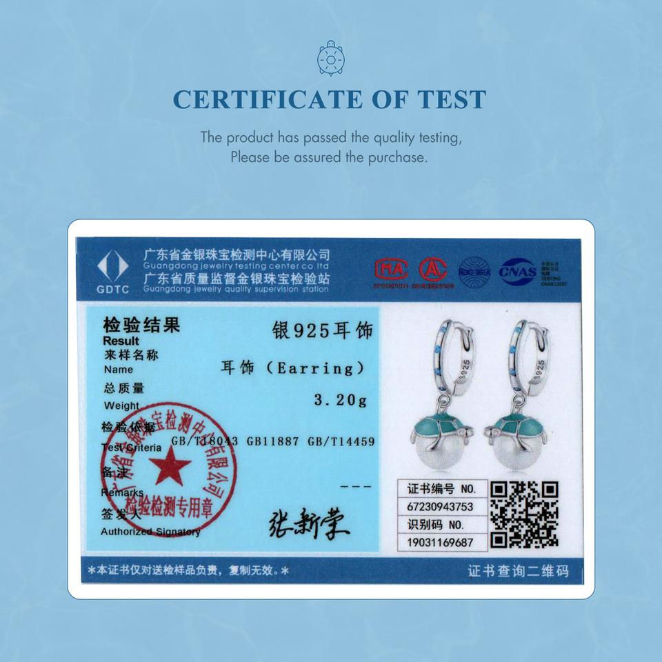WOSTU 925 Sterling Silver Green Turtle White Pearl Drop Dangle Earrings For Women Summer Beach Jewelry Gift