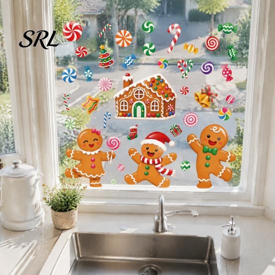 Static Glass Stickers 4Pcs Gingerbread Christmas Window Stickers, Candy Cane Decals, Reusable Winter Wonderland Decorations for Home Office Xmas Party