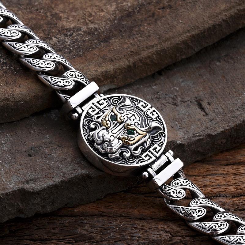 China-Chic Silver Tiger Head Bracelet Retro Punk Style Dominant Zodiac Tiger Rattan Grass Pattern Bracelet Male Jewelry
