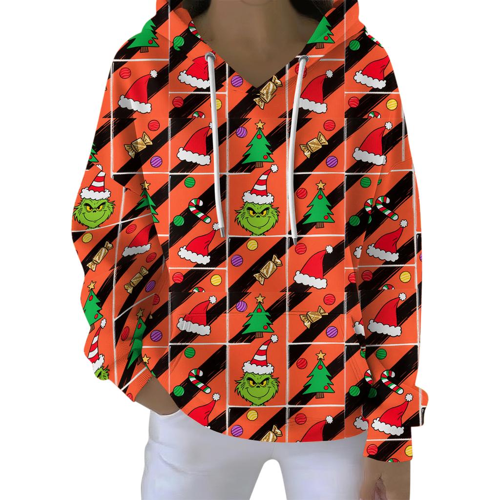 Ladies' Loose And Comfortable Drawstring V-neck Long Sleeved Christmas Printed Sweatshirt