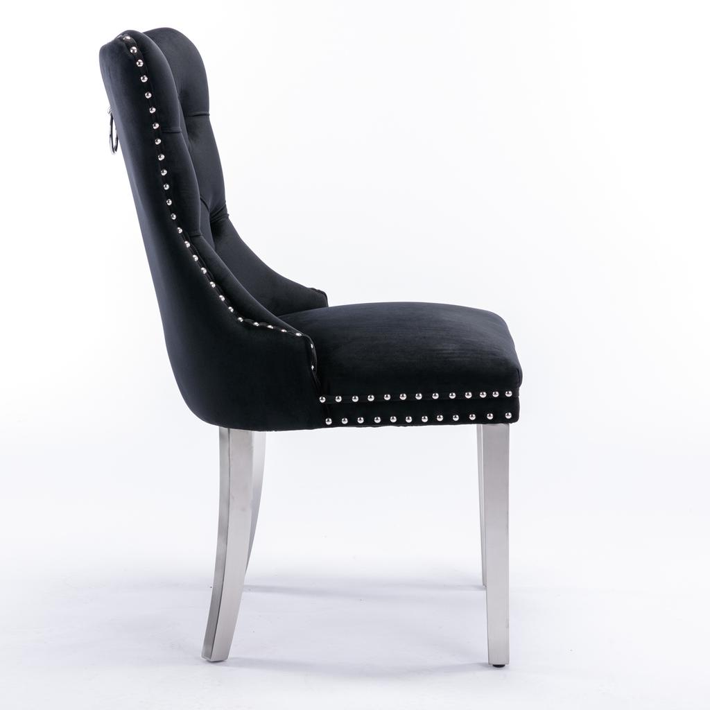 Modern, Tufted Solid Wood Velvet Upholstered Dining Chair with Chrome Stainless Steel Plating Legs,Nailhead Trim,Set of 2,Black and Chrome, DE1701BK