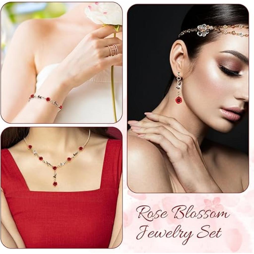 Ожерелье с подвеской в виде цветка, браслет, серьги-подвески, комплект из 3 украшений с красными розами - для женской свадьбы, выпускного вечера, Дня святого Валентина, дня рождения