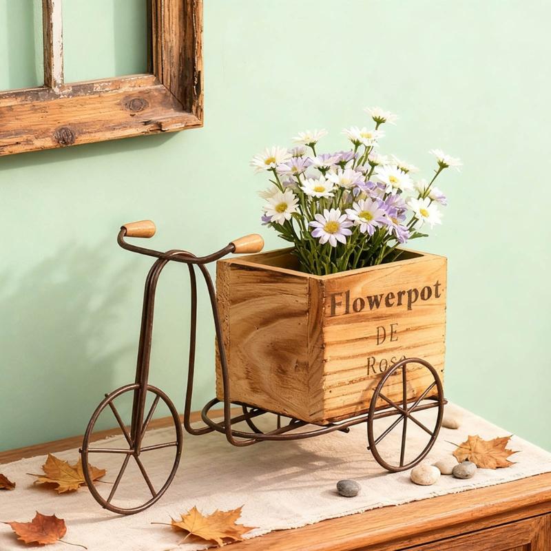 Durable Iron and Wood Bicycles Flower Pot Resistant to Weather for Outdoor Use in Gardens Balconies Long Terms