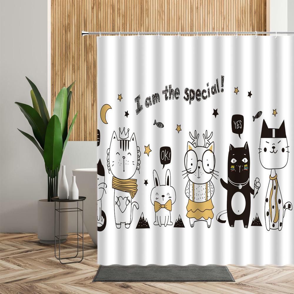 Cartoon Cute Animal Shower Curtain Cat Dog Anime Printed Bathroom Decor 3D Waterproof Bath Fabric Home Curtains For Children