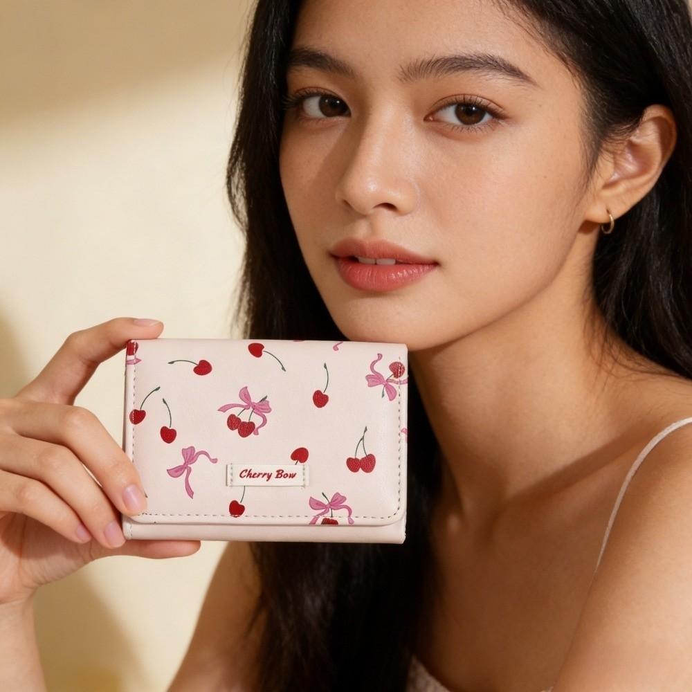 Printing Tri-fold Wallet Cherry Card Holder Cute PU Leather Wallet Daily