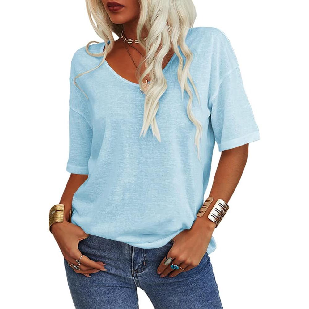 Summer Women's Short-sleeved T-shirt V-neck Loose Pink Fashion Top