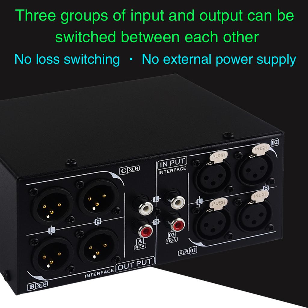 3 входа на 3 выхода Полностью балансный XLR-сигнал Пассивный стерео селекторный переключатель Переключатель   Балансный XLR на небалансный RCA