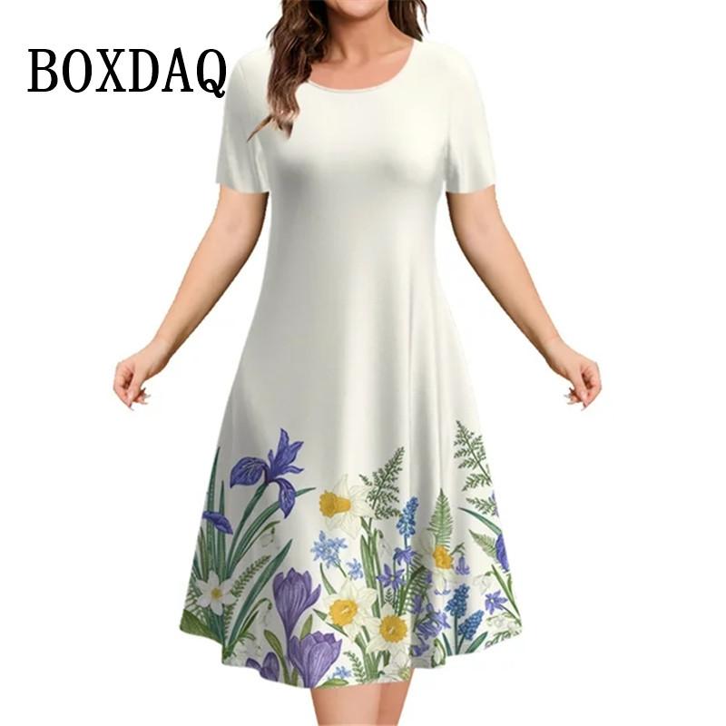 Новые 2025 винтажные платья женские 3D цветы принт с коротким рукавом летние повседневные пуловеры модные свободные женские платья больших размеров