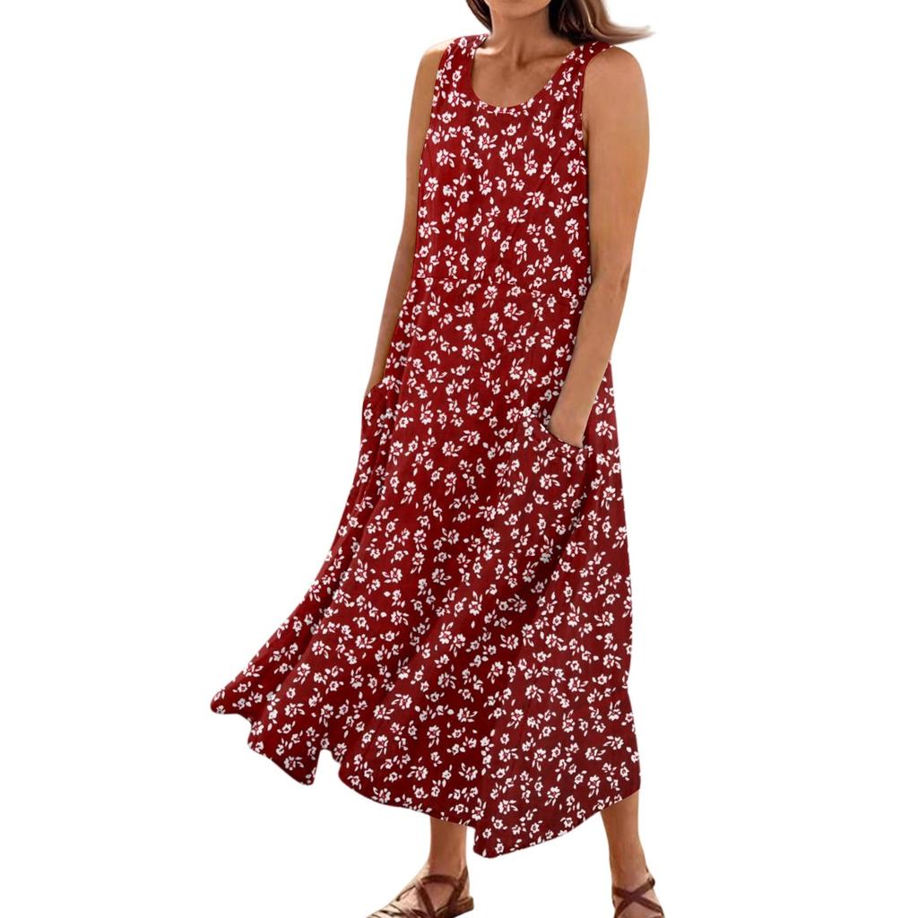 Women's Summer Casual Fashion Flower Printed Sleeveless Pocket Dress