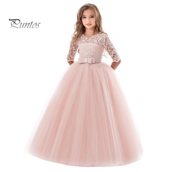 Платье принцессы для девочек с цветочным кружевом и половиной рукавов с круглым вырезом и бантом, элегантное детское пышное тюлевое длинное платье макси, свадебное торжество, вечеринка, выпускной, торжественный бал