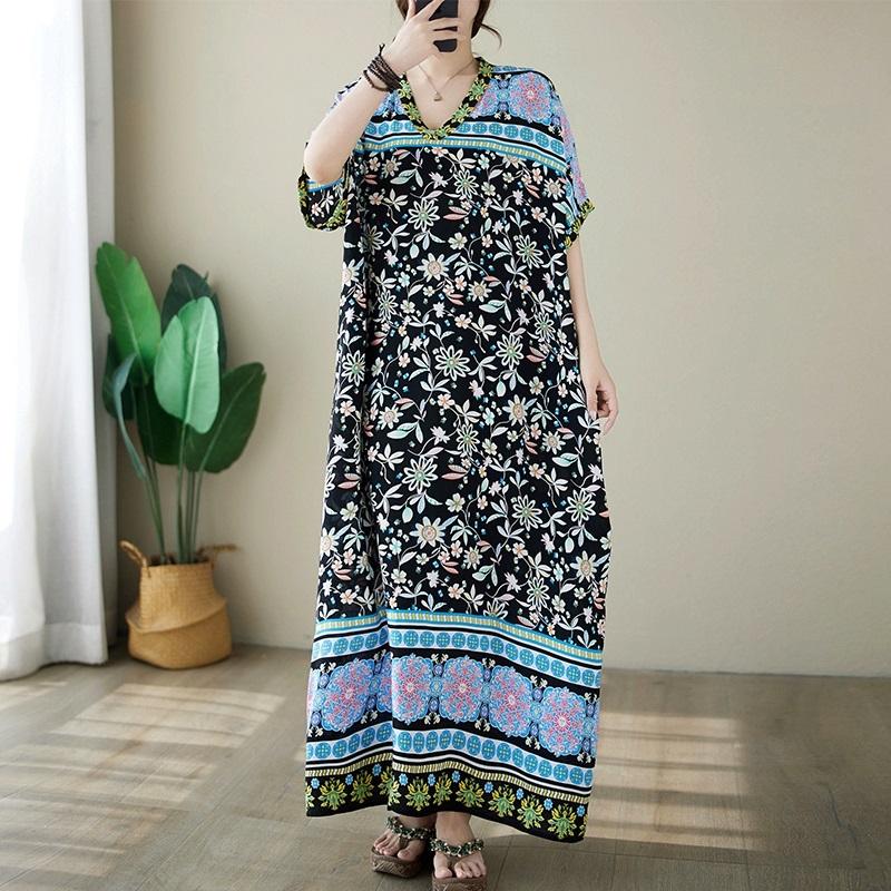 Новое хлопковое атласное платье с коротким рукавом больших размеров в винтажном стиле с цветочным принтом для женщин, повседневное свободное длинное летнее платье