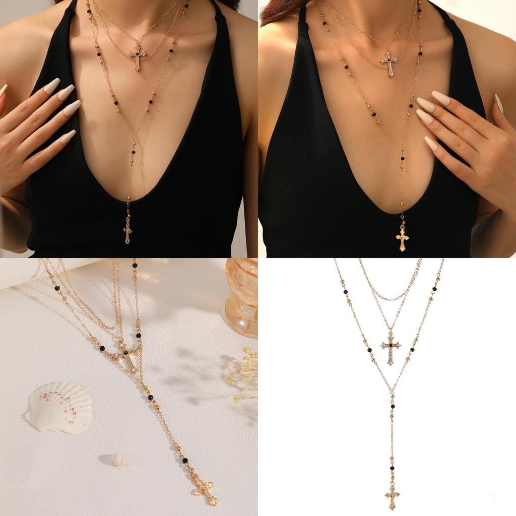 Cross Necklace Multilayer Geometric Pendant With Rhinestones For Women