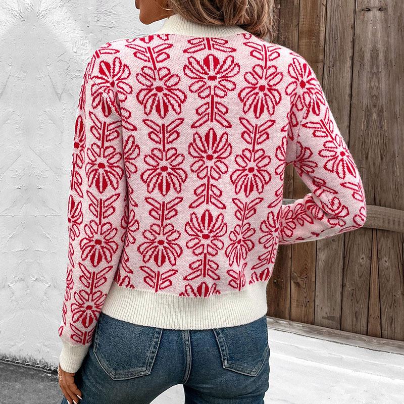 Half High Neck Knit Autumn Winter Floral Jacquard Pink Sweater