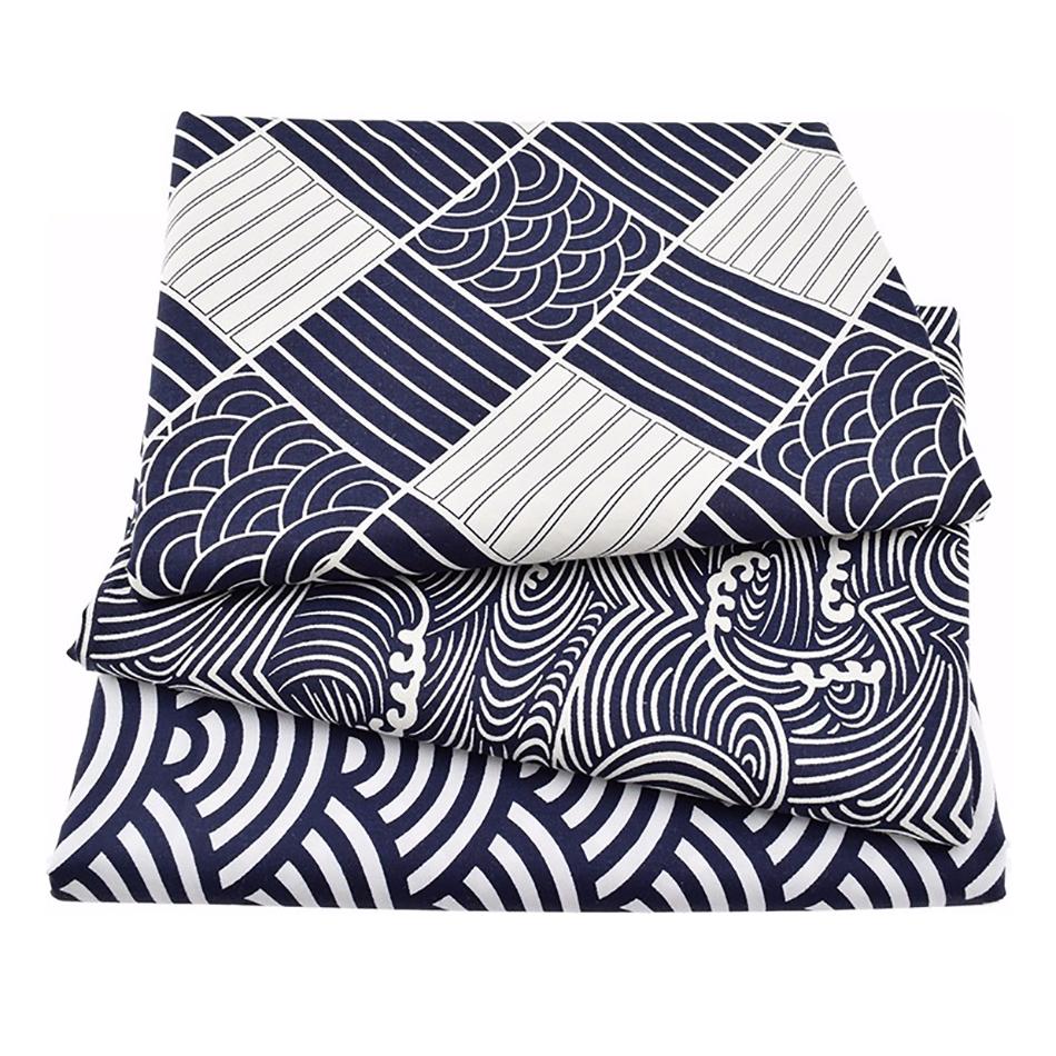 Japanese Cotton Linen Rectangular Tablecloth Blue Sea Ripple Pattern Washable Cover For Dining Coffee Table