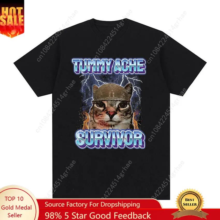 Vintage Tummy Ache Survivor Funny Cat Meme Tee Shirt Unisex Unisex Clothing Fashion Short Sleeve Tshirt Casual Pure Cotton T Shirts