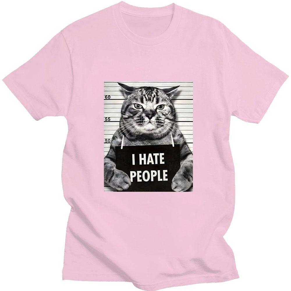 I Hate People Meow Print T-shirt Fun Cat Print T Shirts Loose Street Short Sleeve Female/Male 100% Cotton Clothing Casual Tshirt