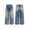 Unisex High Street Rivet Distressed Jeans Loose Wide Leg Washed Denim Pants Teens
