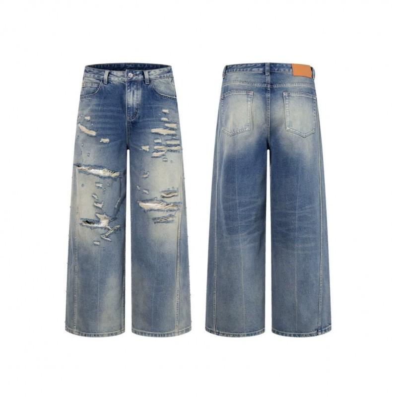 Unisex High Street Rivet Distressed Jeans Loose Wide Leg Washed Denim Pants Teens