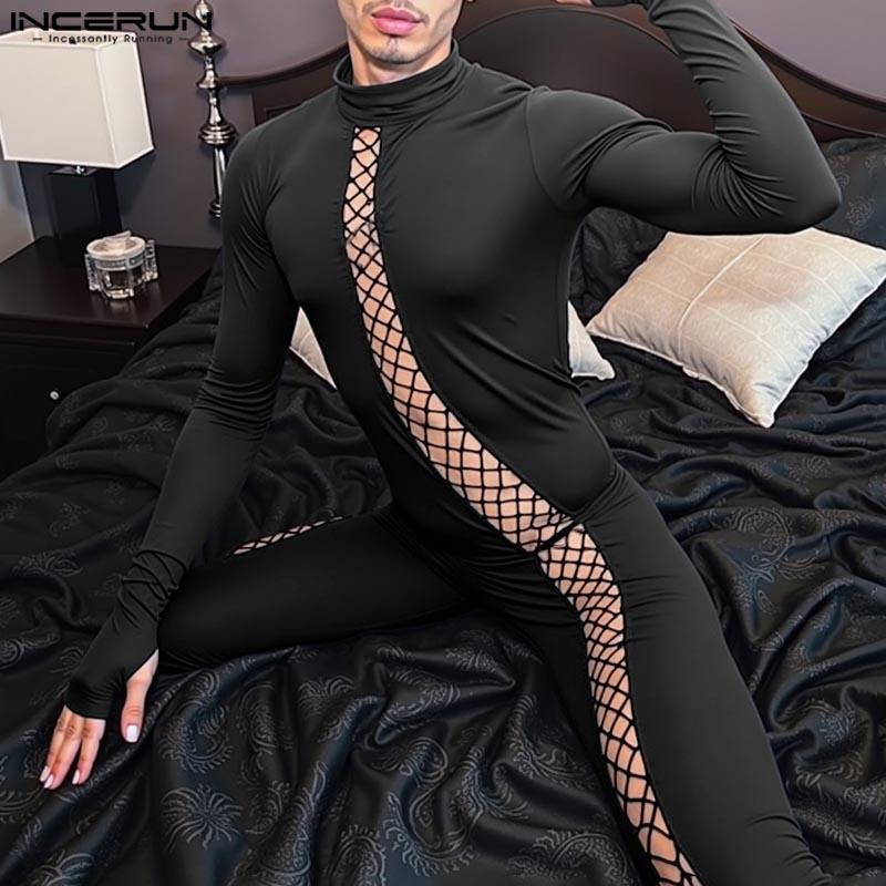 INCERUN Мужские комбинезоны с длинным рукавом в сетку в стиле пэчворк, длинные, домашняя одежда, облегающие комбинезоны