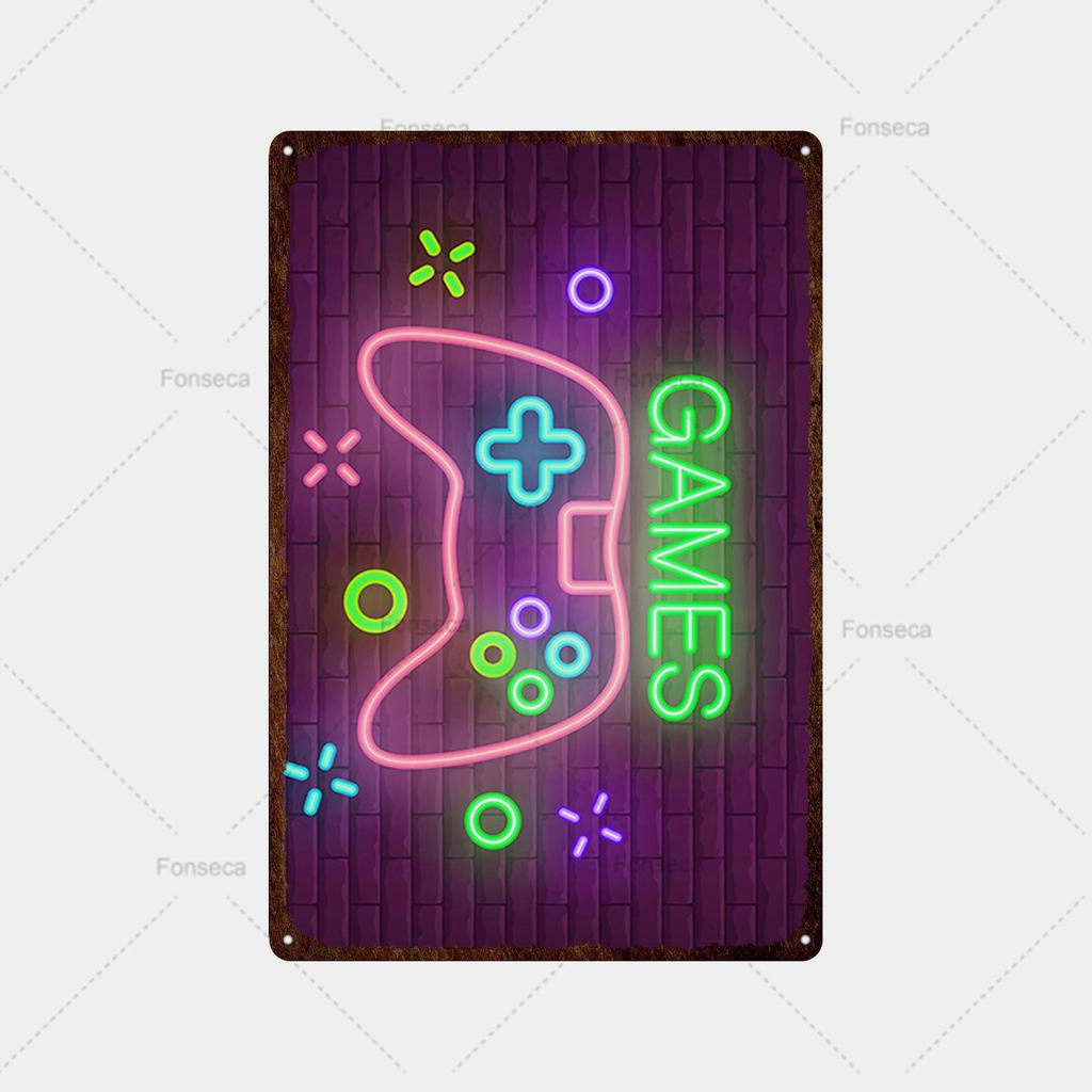 Неоновая игровая вывеска, металлическая вывеска, винтажная жестяная вывеска, металлический винтажный бар, винтажное украшение стены, металлический постер с клубной дыркой