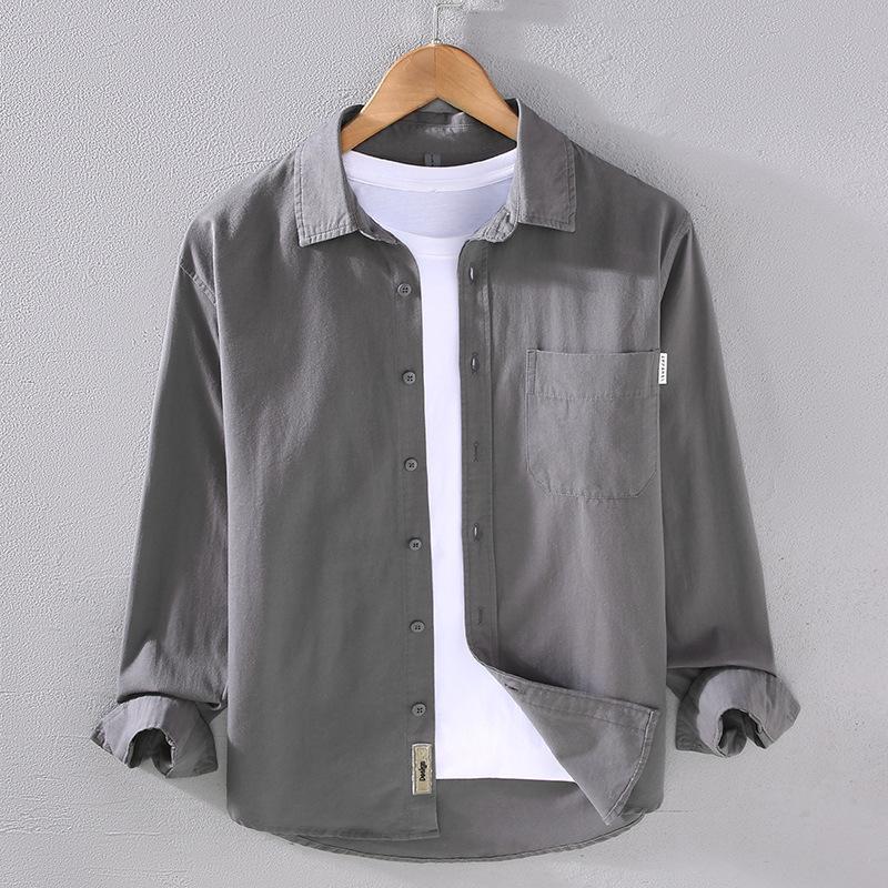 Повседневные мужские рубашки в японском стиле, весна-осень, мужские топы, повседневная однотонная рубашка с отложным воротником, рубашка из чистого хлопка на пуговицах