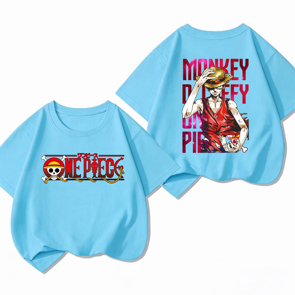 Bandai One Piece Luffy Kids TShirt 100 Cotton Boys Girls Summer Short Sleeve Clothes Children Anime Double Sided Graphic Tees