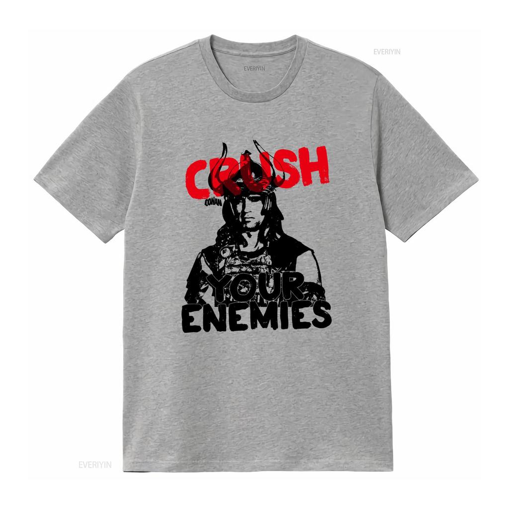 Conan the Barbarian Arnie Crush Your Enemies Mens T Shirt Schwarzenegger Gray Print vintage Washed Soft Breathable homme