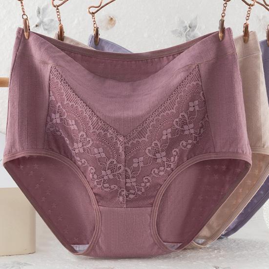 Mid-aged Women Panties Lace Hgh Waist Tummy Control Seamless Solid Color Good Breathability Lady Underpants Female Daily Underwear
