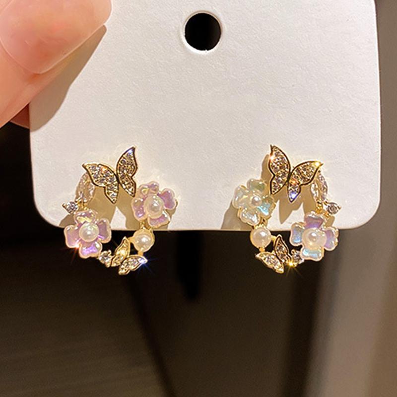 Korean Exquisite Flower Butterfly Earrings For Women Bling AAA Zircon Stud Earring Girl Wedding Party Sweet Jewelry Brincos