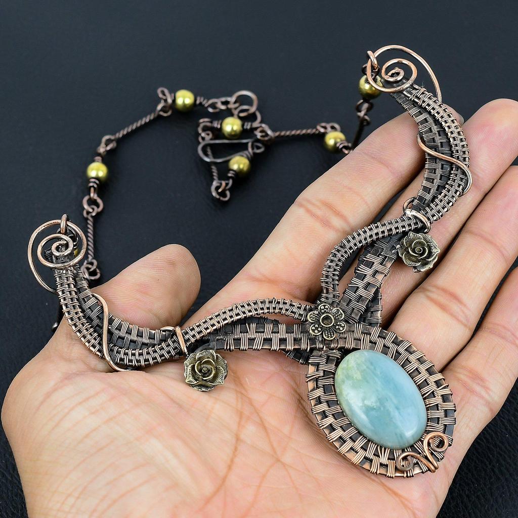 Ожерелье Аквамарин Ручная работа Ювелирные изделия, Ожерелье, обернутое медной проволокой 999 пробы, Дизайнерские ювелирные изделия с драгоценными камнями, Ожерелье с регулируемой цепочкой, Подарок для мамы