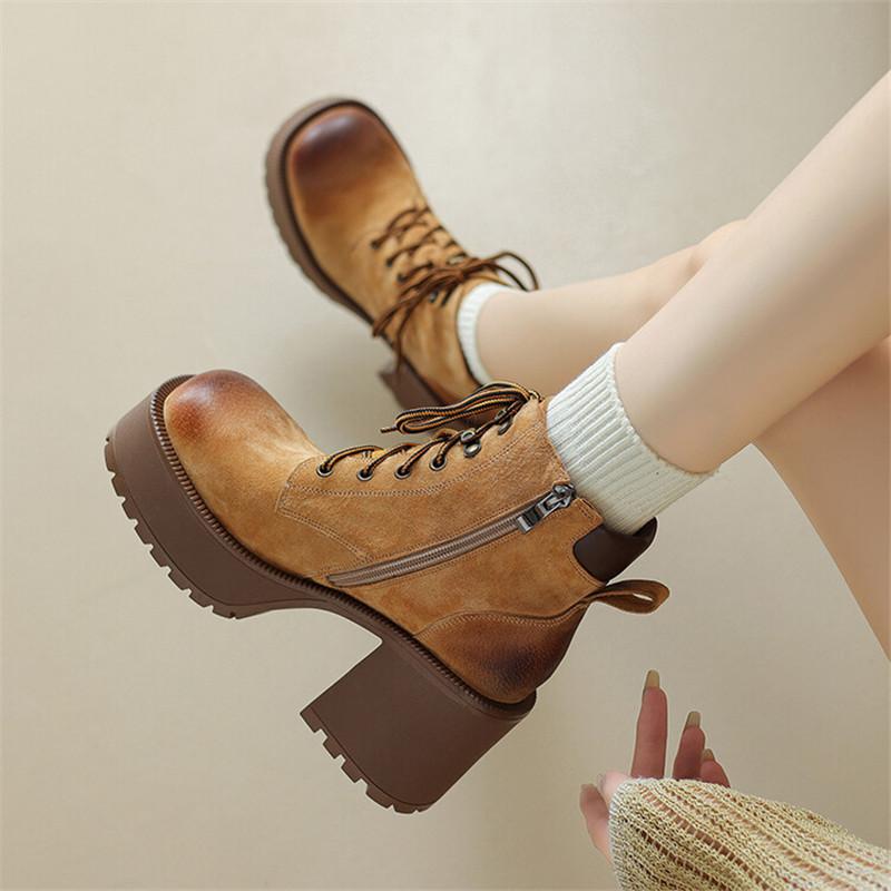 Модные Новые Зимние Женские Ботинки из Спилковой Кожи с Круглым Носком, Короткие Ботинки для Женщин, Зимние Ботинки на Высоком Каблуке, Женские Ботинки на Платформе, Женская Обувь