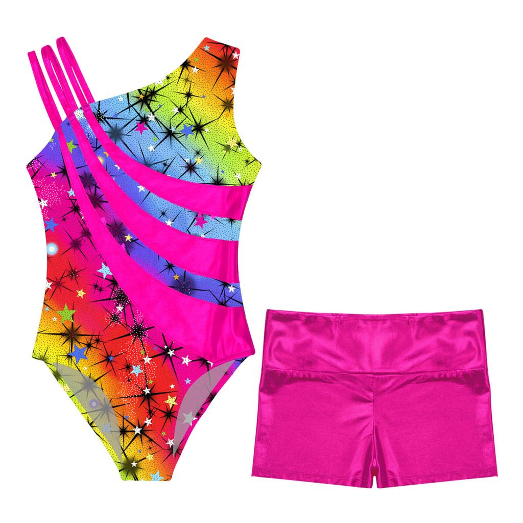 Детские гимнастические купальники без рукавов с асимметричными бретелями и шортами для девочек, спортивные танцевальные велосипедки