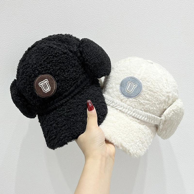 Imitation Lamb Wool Baseball Cap Girls Winter Thickened Warm Ear Protection Hat Versatile Letter Soft Plush Caps Solid Color