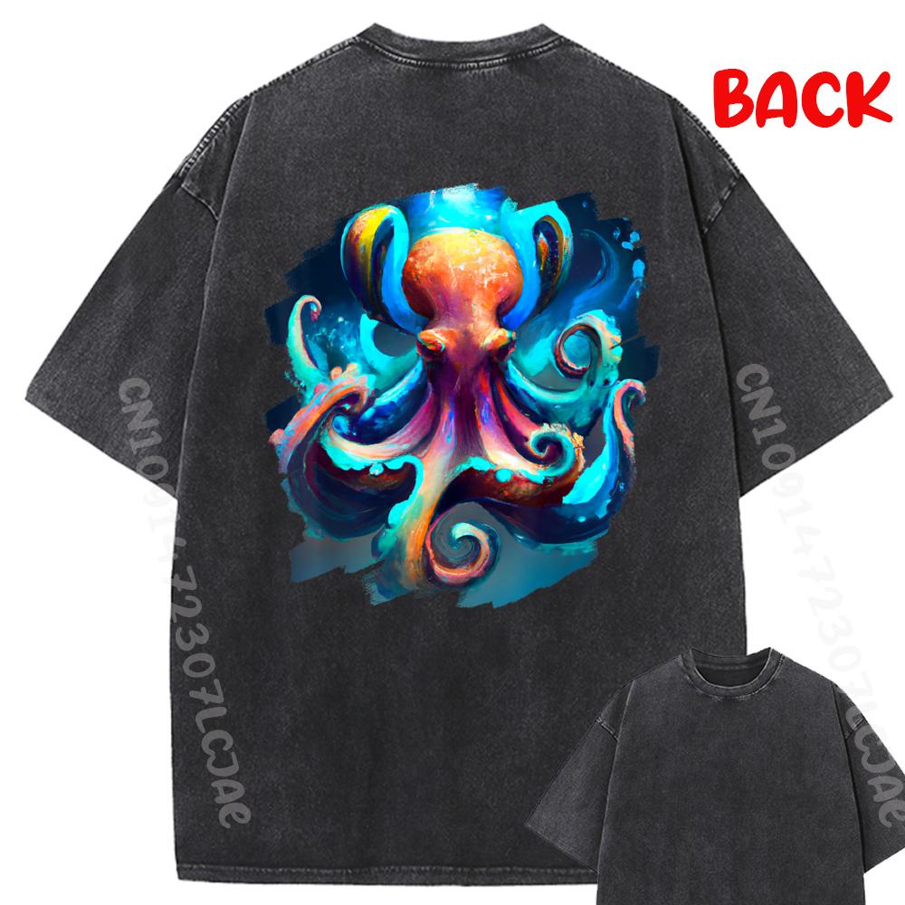 Cool Istic Octopus Colorful Painting Sea Octopus Washed Tshirts Black Graphic T Shirts T Shirts Washed Harajuku