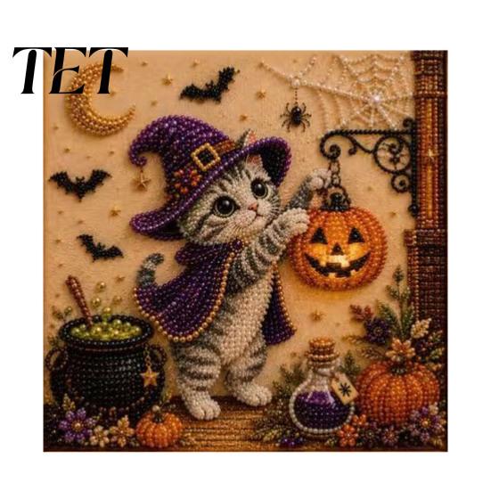 Family Fun Handcrafts Halloween Cat Faux Pearl Painting Art Kit, Spooky 3D Beads Creative Gift Crafts, Cute Witch Gem Wall for Adults, Craft