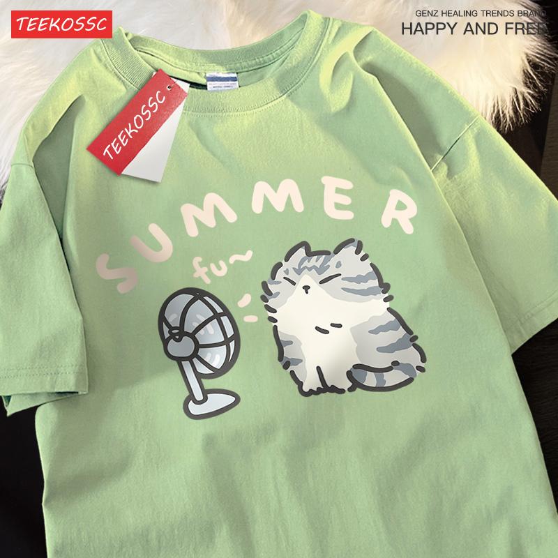 Американская уличная креативная футболка из чистого хлопка с веером и котом для мужчин и женщин, летняя свободная футболка с короткими рукавами для пар, футболка в стиле Харадзюку