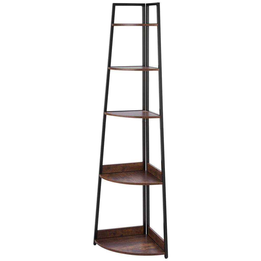 5 Tier Corner Shelf, Tall Corner Bookshelf Plant Rack, Wall Shelves Tower Storage Organizer with Metal Frame & Wooden Shelves, Narrow Display Book