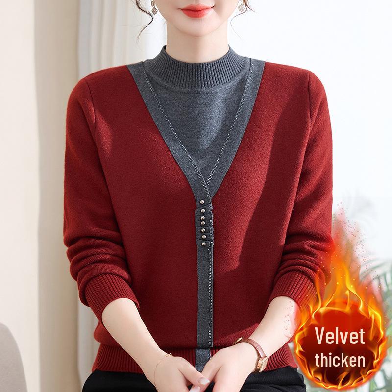 Mom's Red Fleece-Lined Winter Sweater - Perfect for New Year & Spring Festival for Middle-Aged and Elderly Women