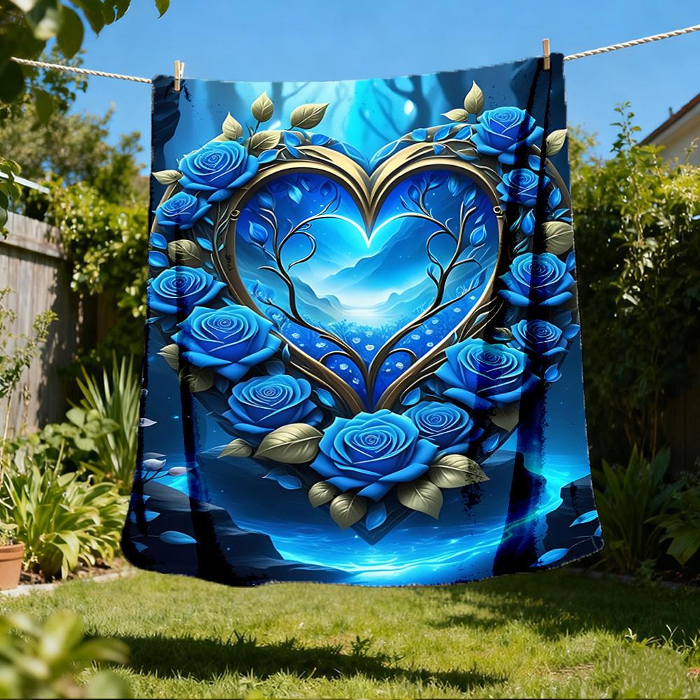 1pc Heart Roses Fantasy Outdoor Flannel Blanket Soft All Season Polyester Throw , Perfect for Picnics & Travel , Picnic Accessory