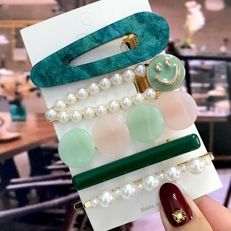 5Pcs/Set Fashion Smiley Pearl Hair Clip For Women Girl Geometric Acetate Barrettes Hairpin Headwear Hair Accessories  Trendy