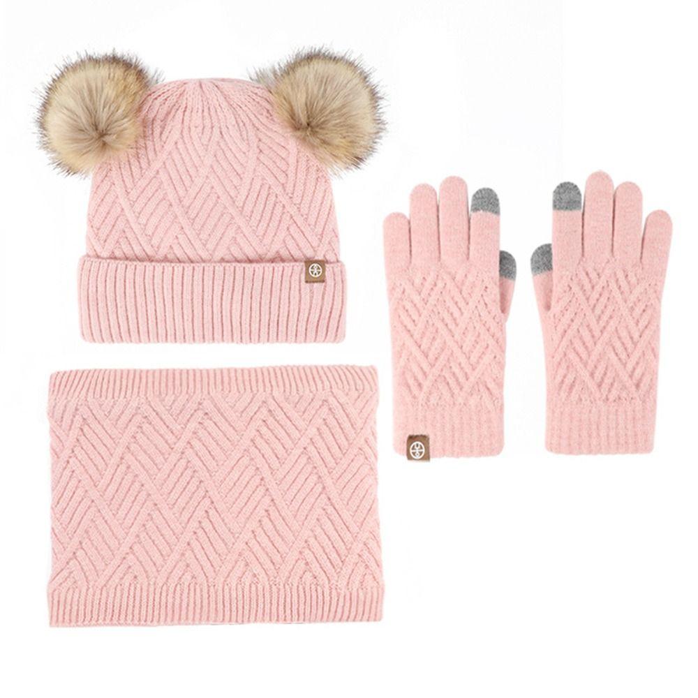 3Pcs/Set Warm Knitted Hats Scarfs Plush Bonnet Gloves Kits Children Scarf Hat Gloves Set Outdoor