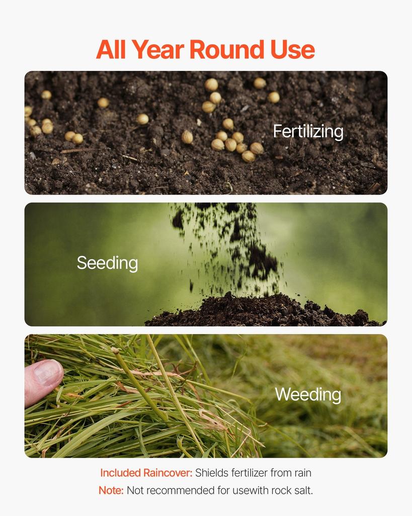 Walk Behind Spreader, 60LBS Capacity, Push Spreader with Hopper Grate, 0-9.8 ft Spreading Width, 8 in All Terrain Pneumatic Tires, Garden & Lawn