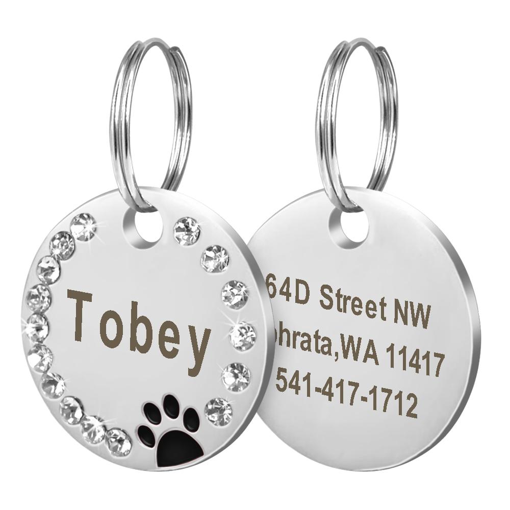 Personalized Dog Cat ID Tag Bling Rhinestone Puppy Kitten Name Tags Anti-lost Pet Collar Accessories Free Engraved Pet Products
