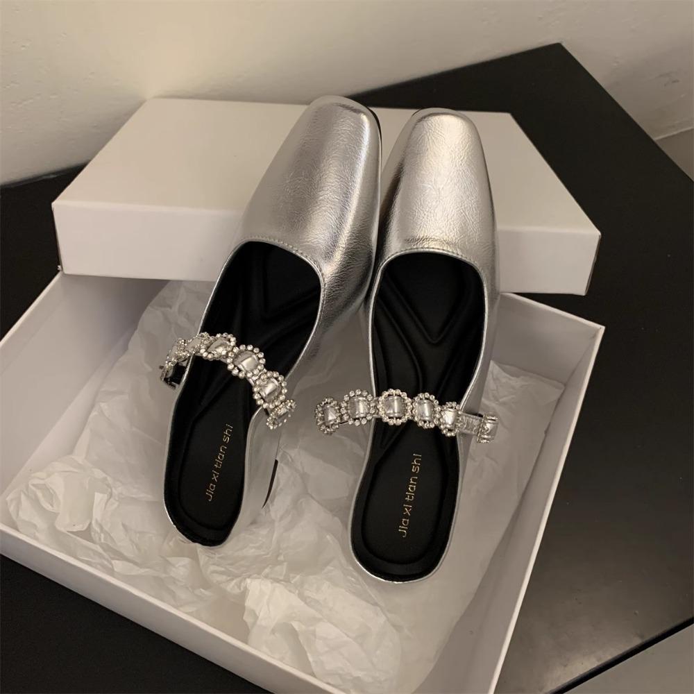 Fashion Fangtou Baotou Half Slippers for Womens 2025 Spring/autumn New Outerwear with Skirt Diamond Chain Thick Bottom Slippers Women's